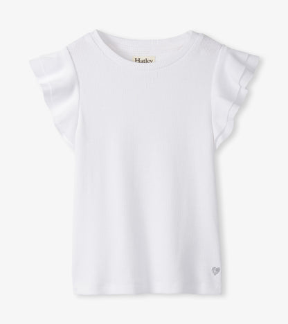 White ribbed girls tank top with ruffle sleeves and small heart detail, front view