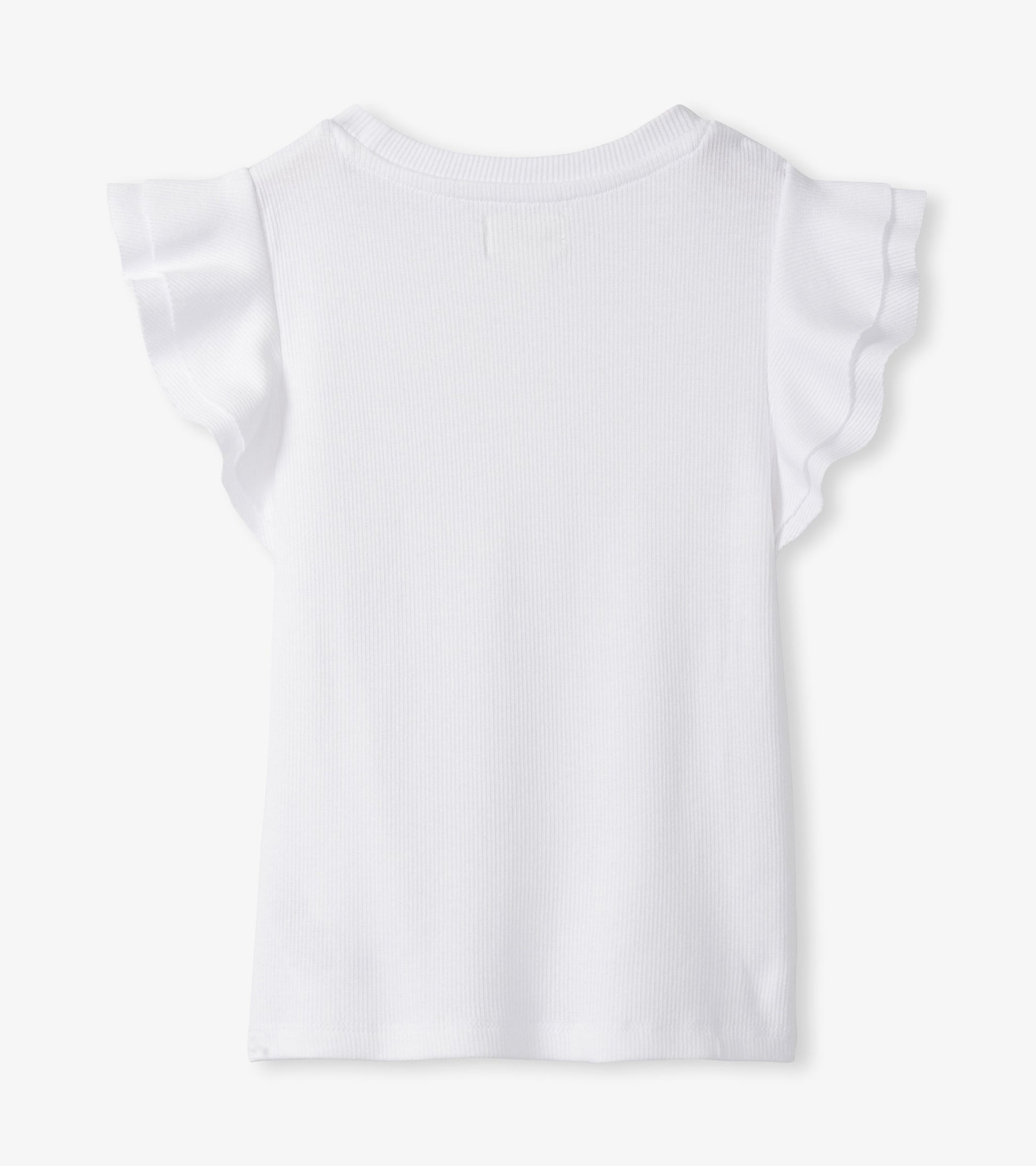 White ribbed girls tank top with ruffle sleeves, front view