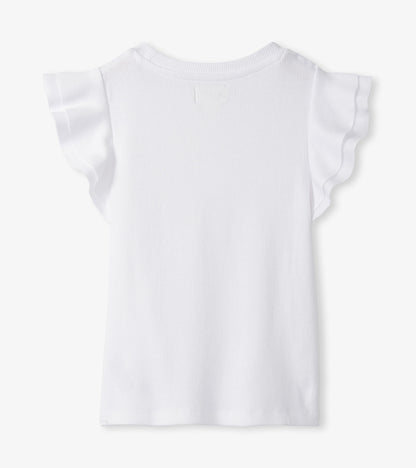 White ribbed girls tank top with ruffle sleeves, front view