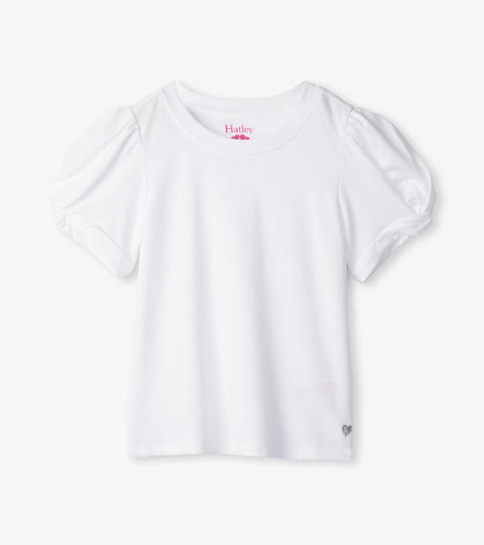 White girls' tee with twisted short sleeves, crew neck, and small heart detail at hem, front view