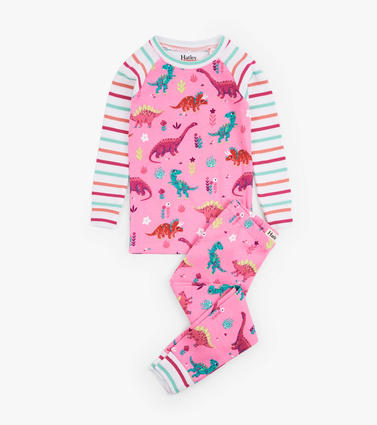 Pink cotton pajama set featuring colorful dinosaur prints and striped sleeves, ideal for girls.