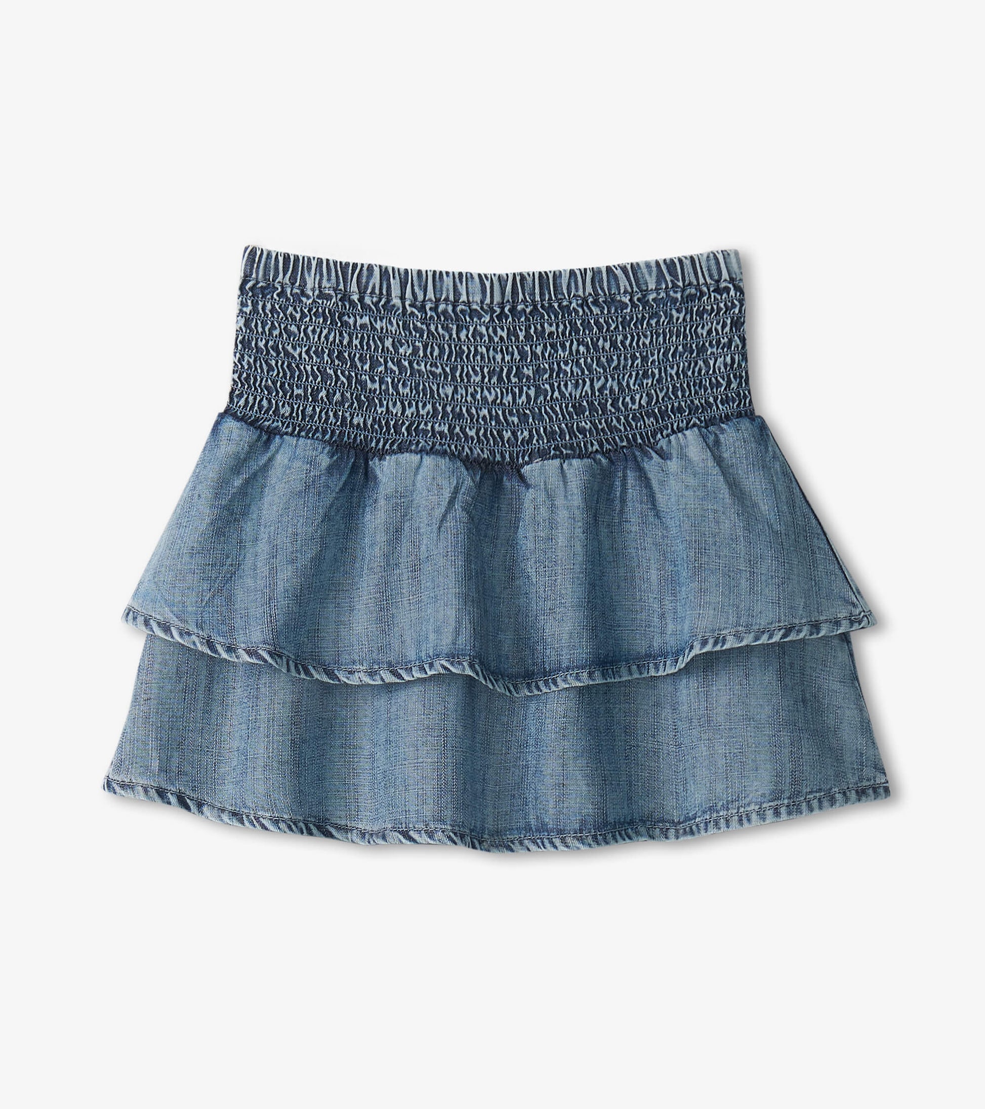 Denim blue, tiered smocked skirt with a gathered waistband, perfect for casual wear.