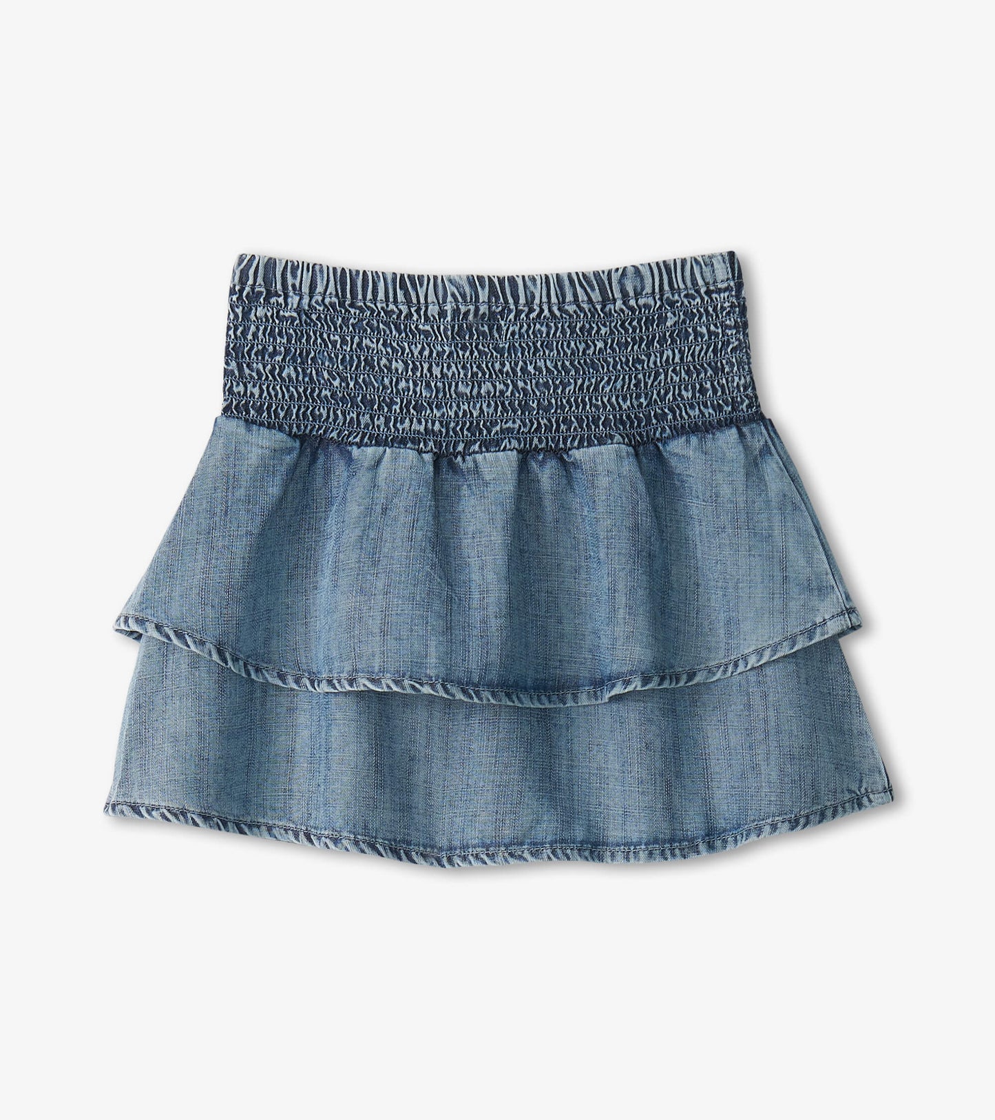 Light blue Tencel smocked skirt with two ruffled layers and a stretchy waistband. Suitable for casual wear.