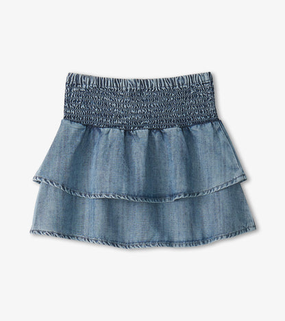 Light blue Tencel smocked skirt with two ruffled layers and a stretchy waistband. Suitable for casual wear.