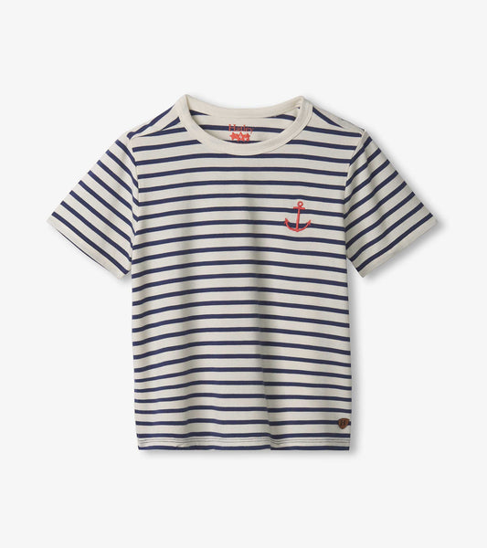Boys' indigo striped bamboo tee with a red anchor design on the chest and a crew neckline.