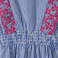 View Girls Pinstripe Ruffle Dress - Blue and white striped fabric with pink floral trim at the shoulders and a gathered waist