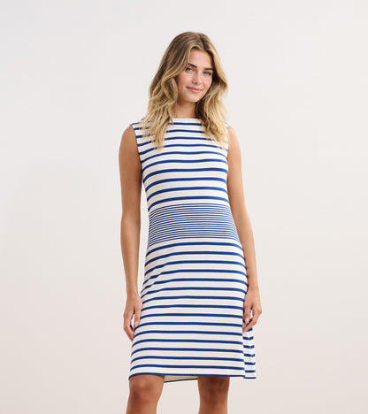 Sleeveless dress featuring blue and white stripes, fitted silhouette, knee-length design, ideal for casual wear.