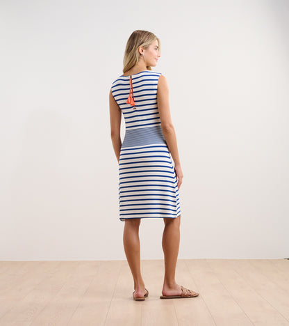 Sleeveless blue and white striped dress with a fitted waist and back tassel detail, shown from the back.