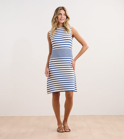 Sleeveless blue and white striped dress with a fitted bodice and flared skirt, suitable for casual wear.