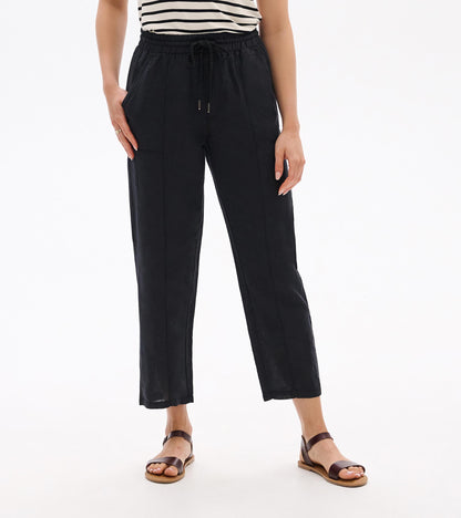 Black straight-leg linen pants with elastic waist and drawstring, shown on a model front view