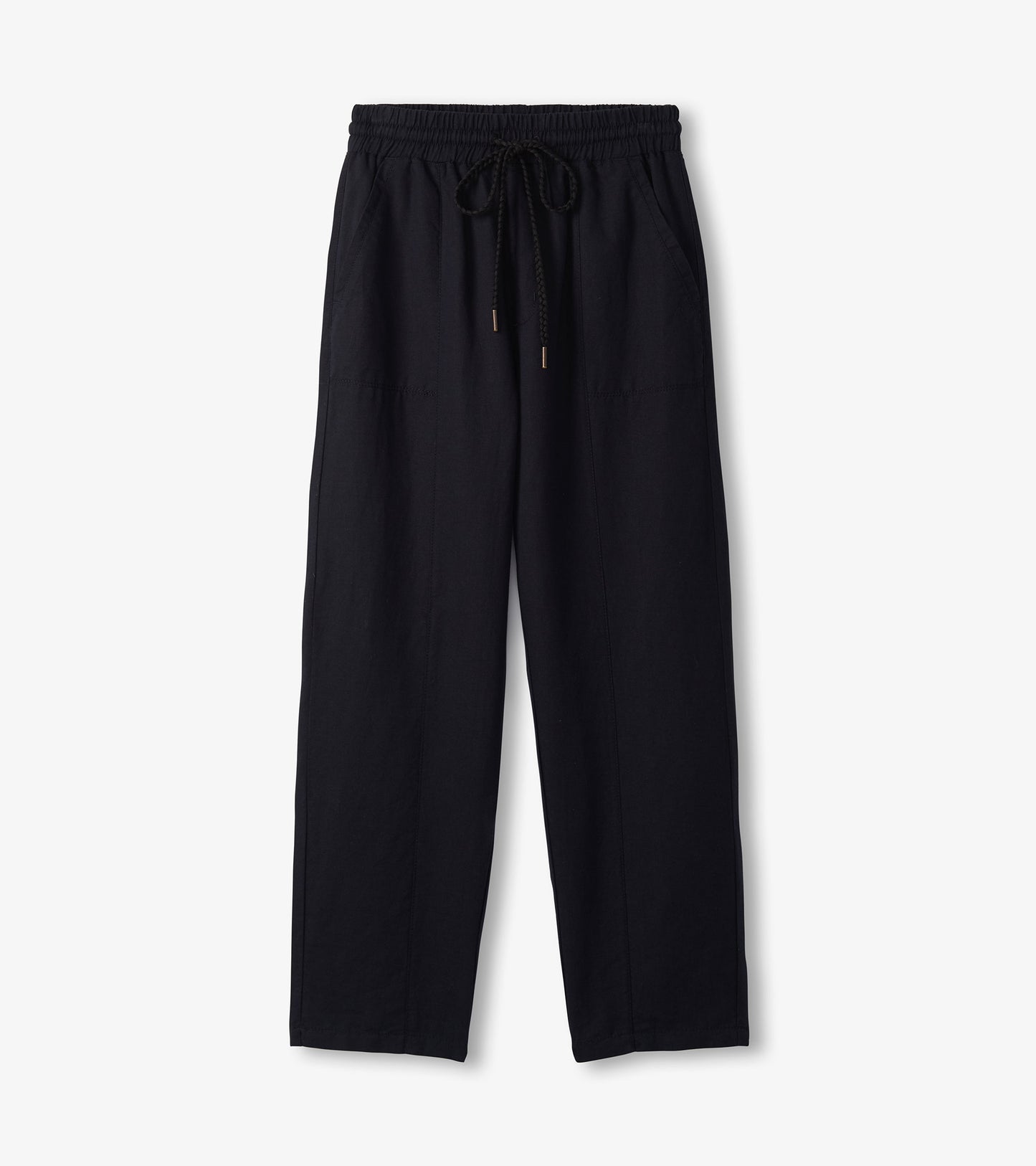 Black straight-leg linen pants with elastic waist, drawstring, and side pockets, front view