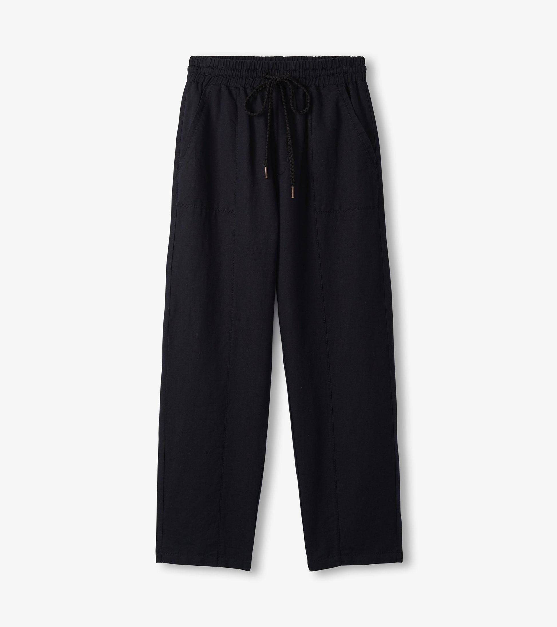 Black straight-leg linen pants with elastic waist, drawstring, and side pockets, front view