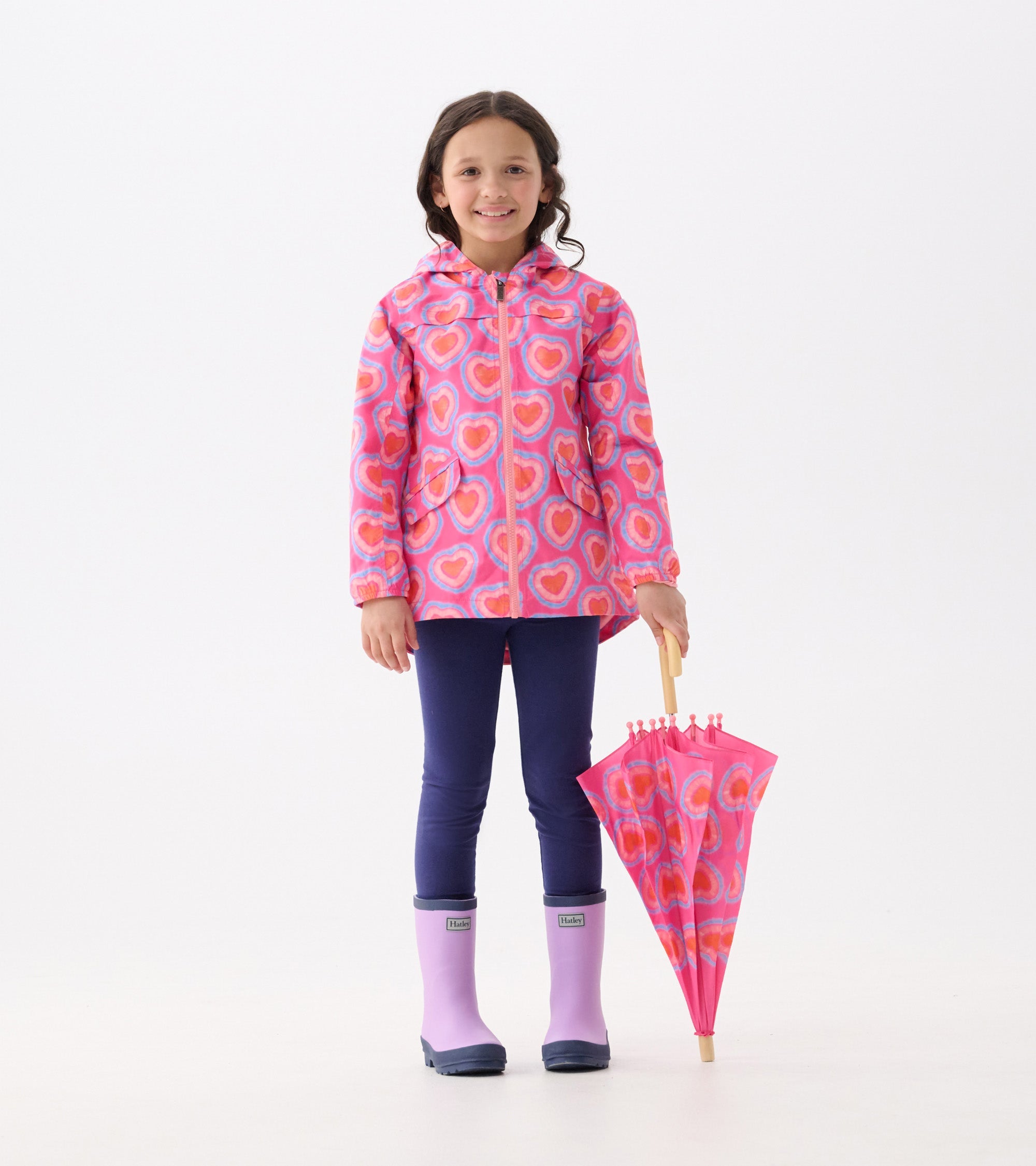 Girls Glowing Hearts Zip-Up Lightweight Rain Jacket