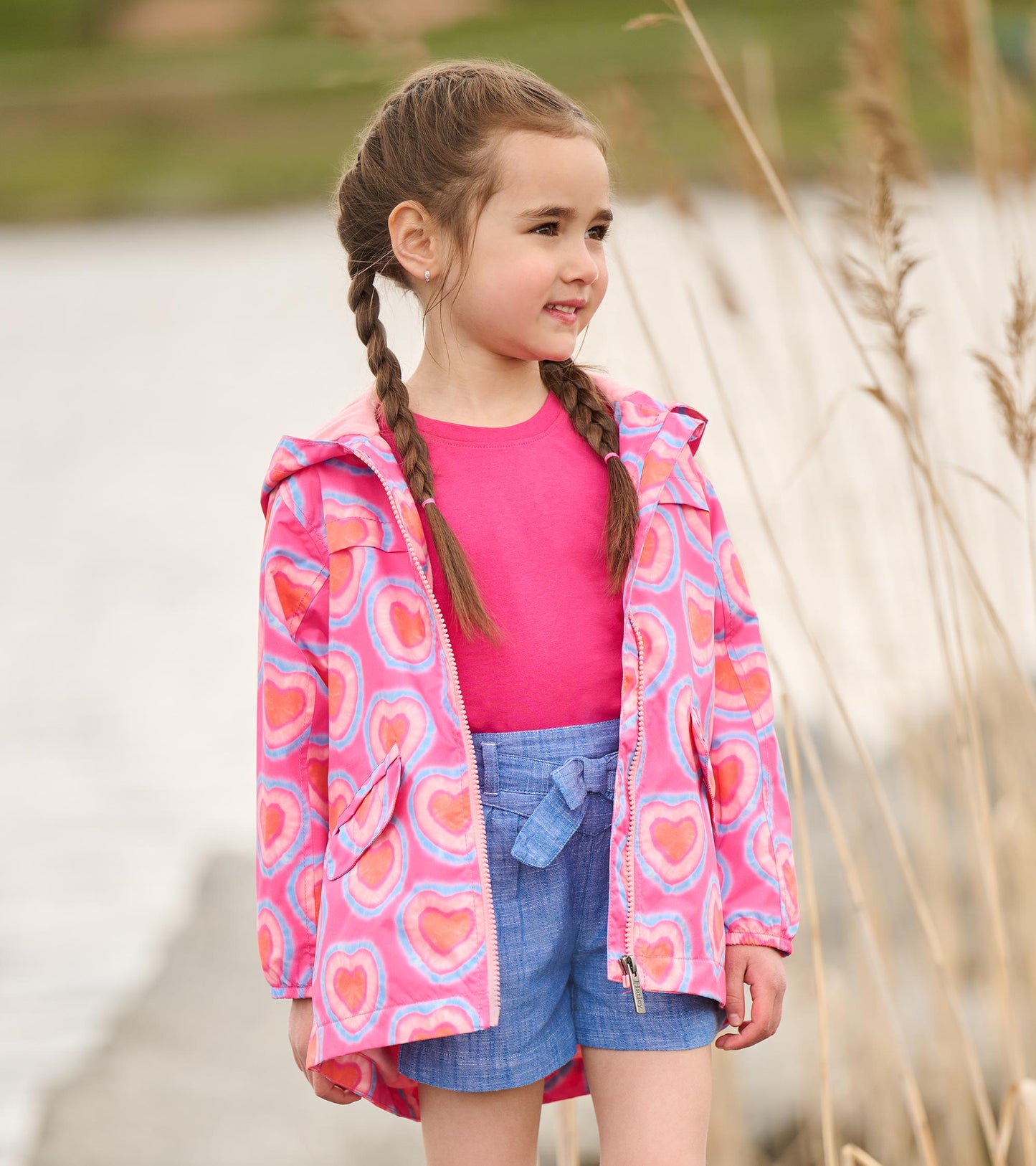 Girls Glowing Hearts Zip-Up Lightweight Rain Jacket