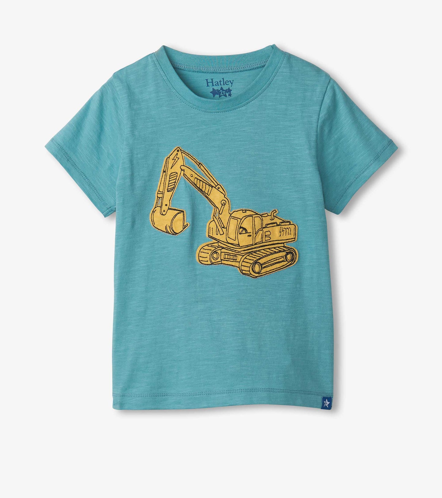 Teal short-sleeve toddler T-shirt with yellow excavator graphic on the front, crew neck, front view