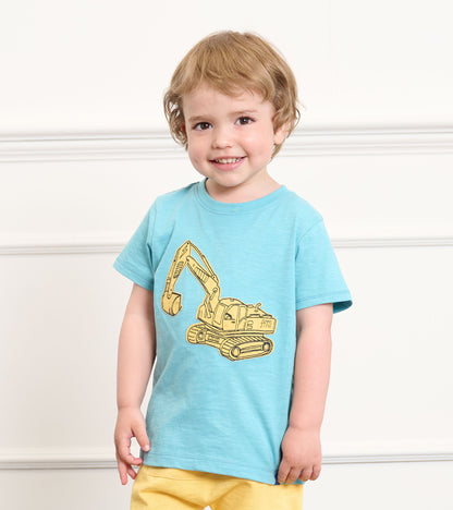 Light blue toddler T-shirt with yellow excavator graphic, short sleeves, front view