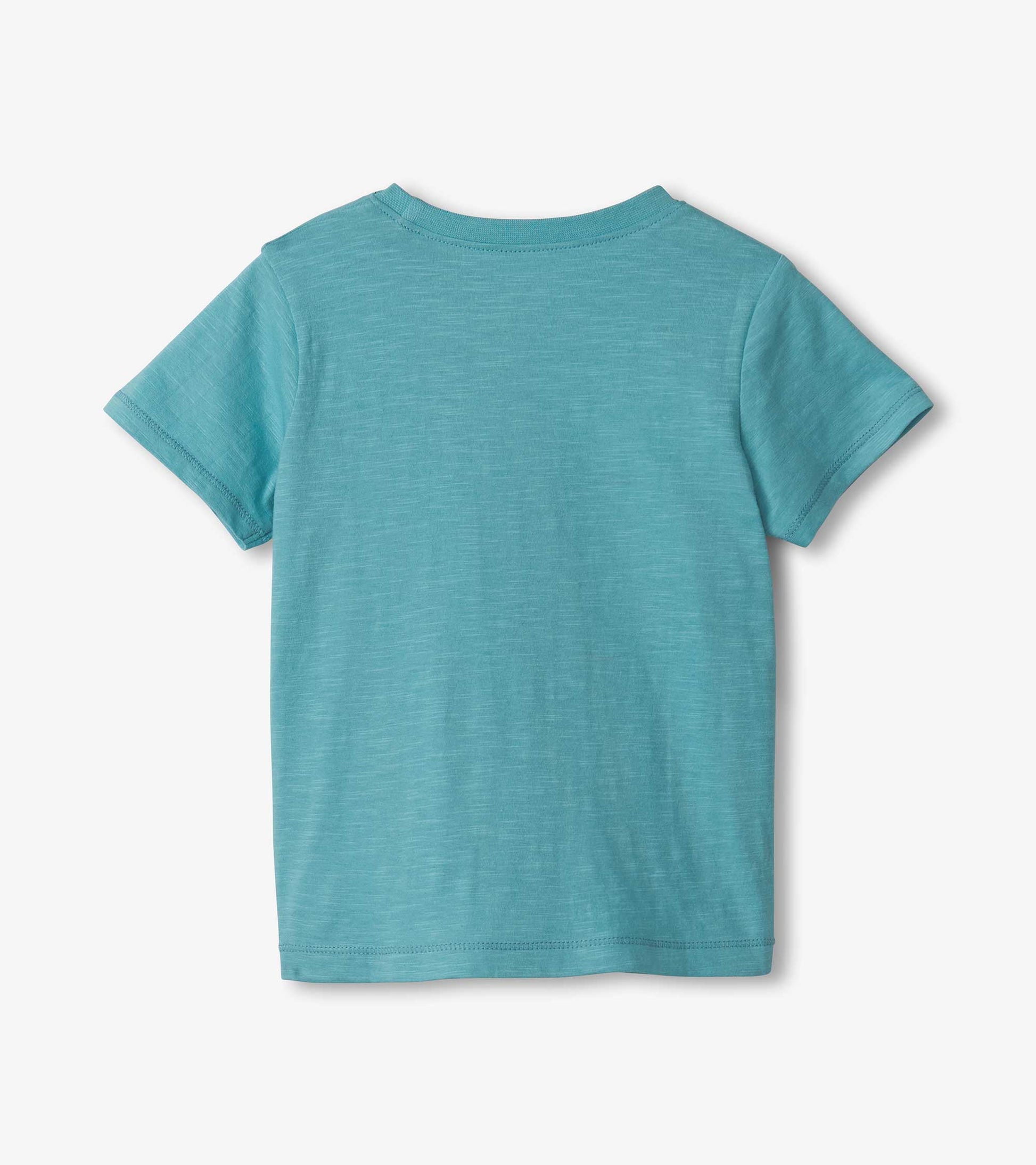 Back view of a teal short-sleeve crewneck T-shirt with a heathered texture.