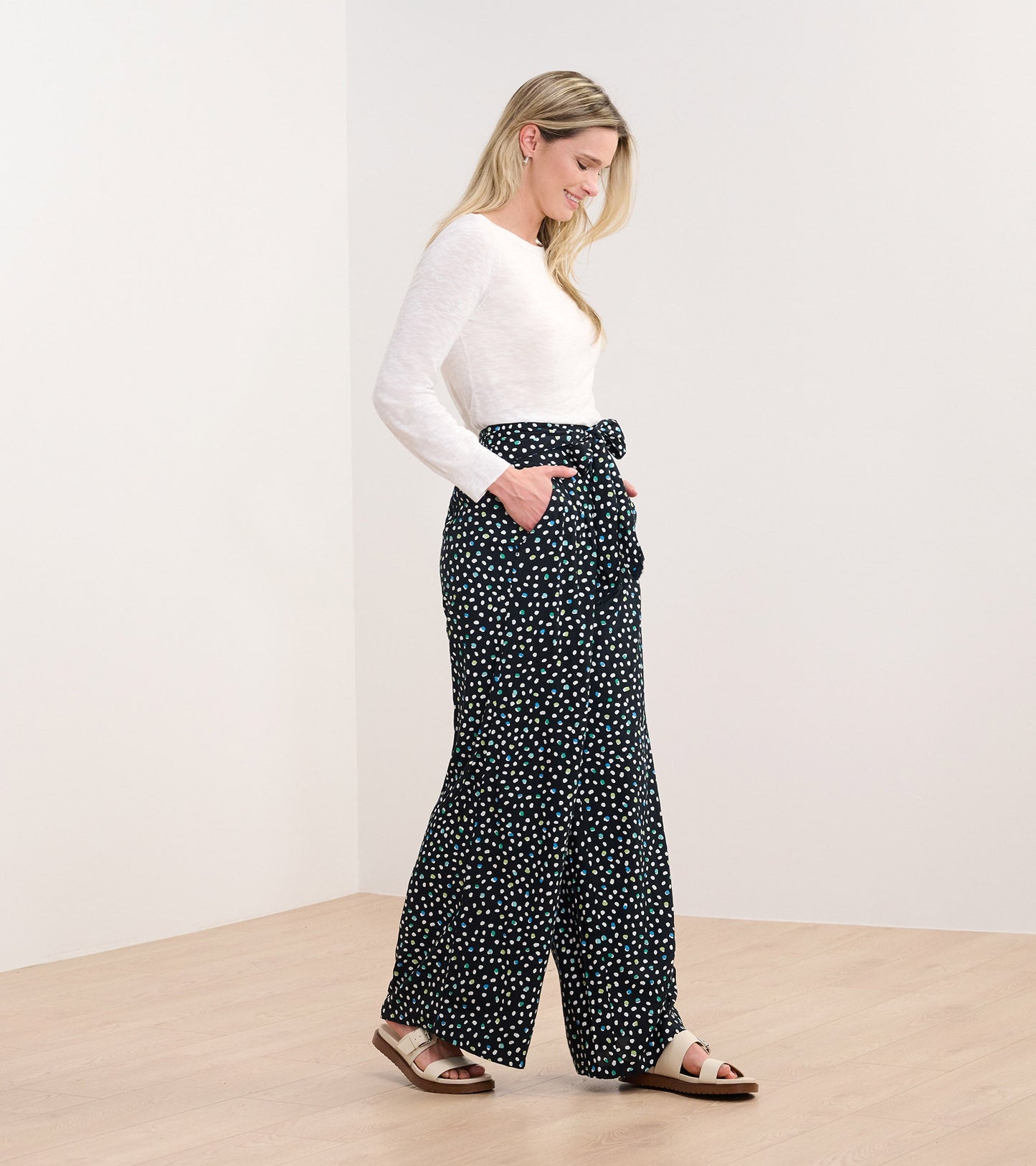 Belted Wide Leg Pants - Multi Dots