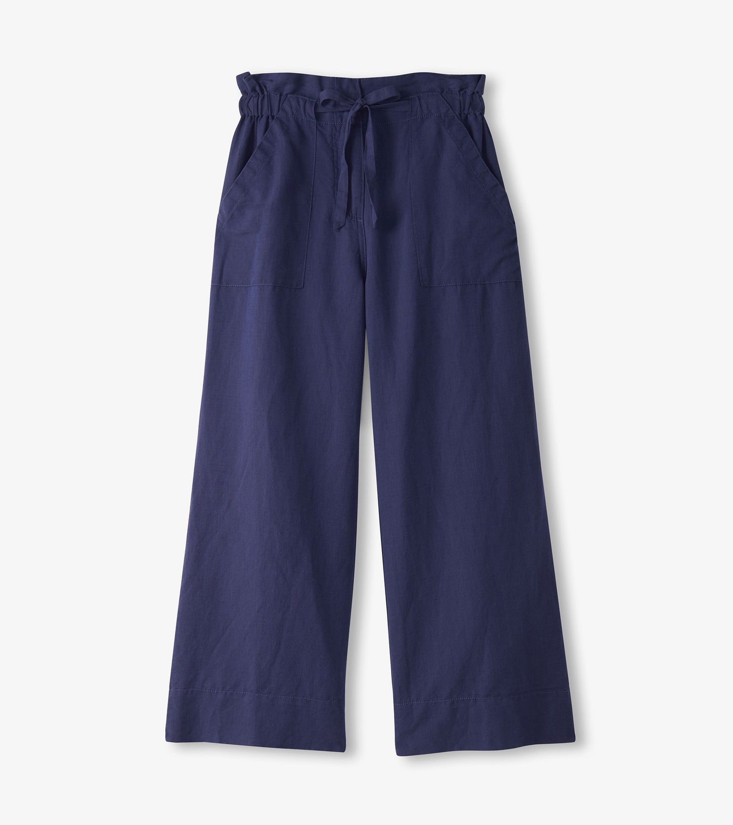 Patriot blue wide-leg pants with tie waist and front patch pockets, shown flat front view