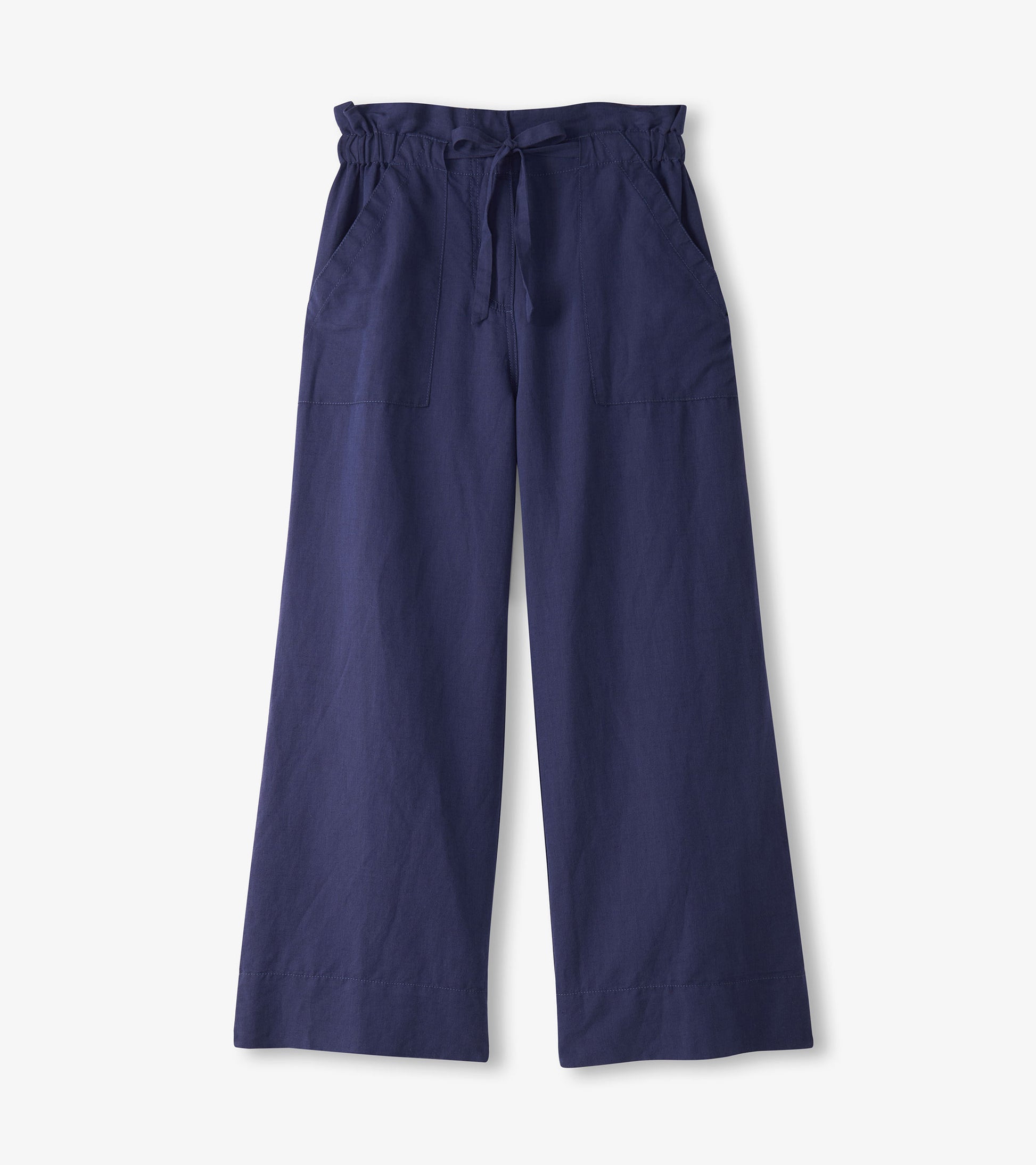 Patriot blue wide-leg pants with tie waist and front patch pockets, shown flat front view