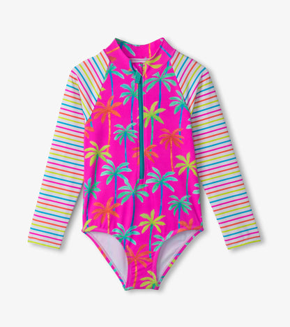 Girls Printed Palms Long Sleeve Rashguard Swimsuit