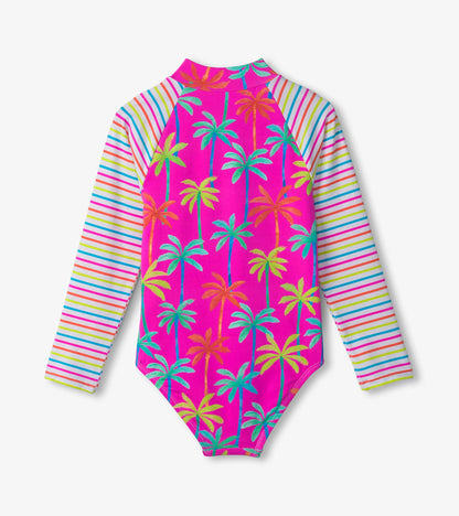 Girls Printed Palms Long Sleeve Rashguard Swimsuit