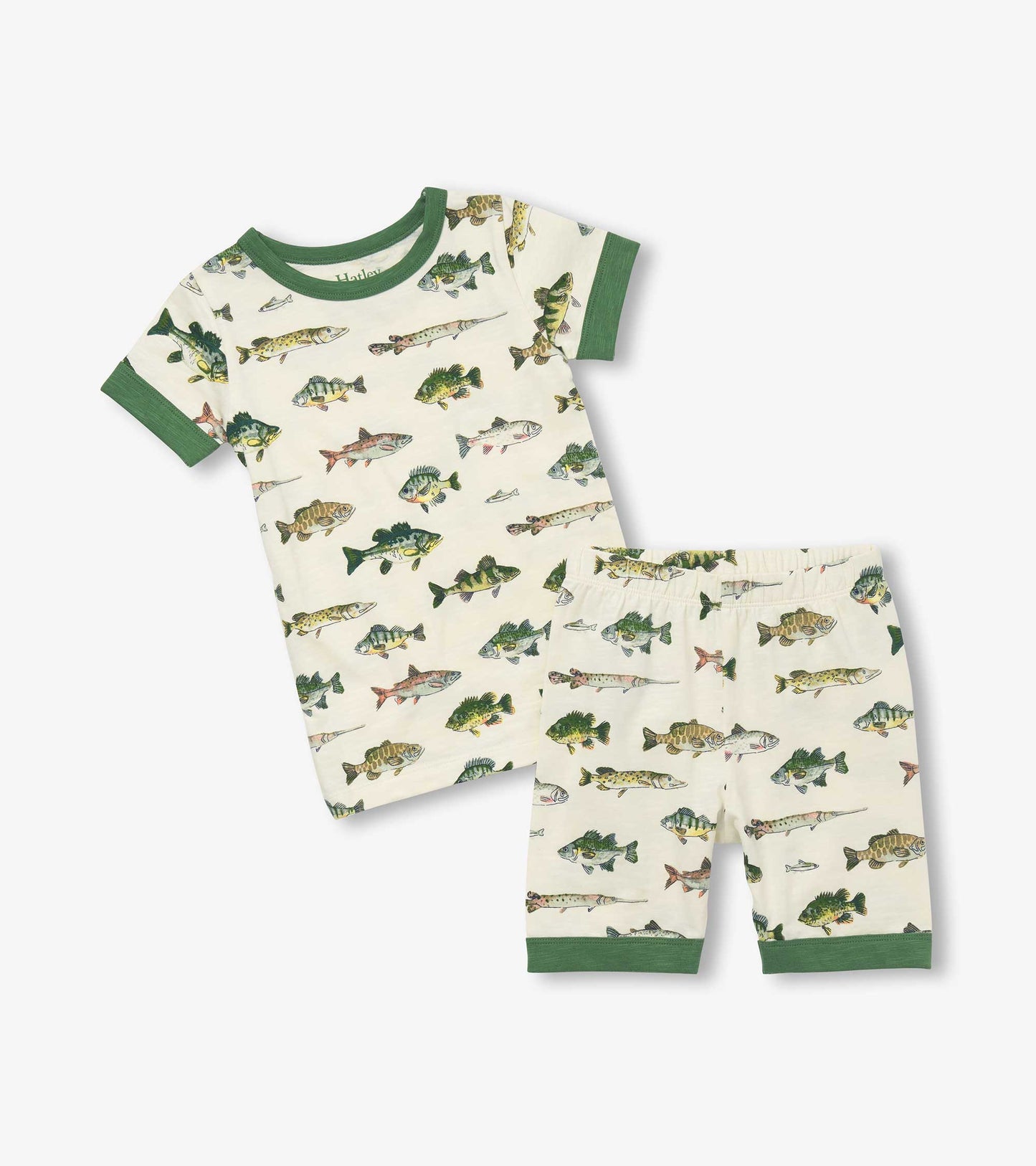 Cream boys pajama set with green trim and allover fish print, short-sleeve top and shorts