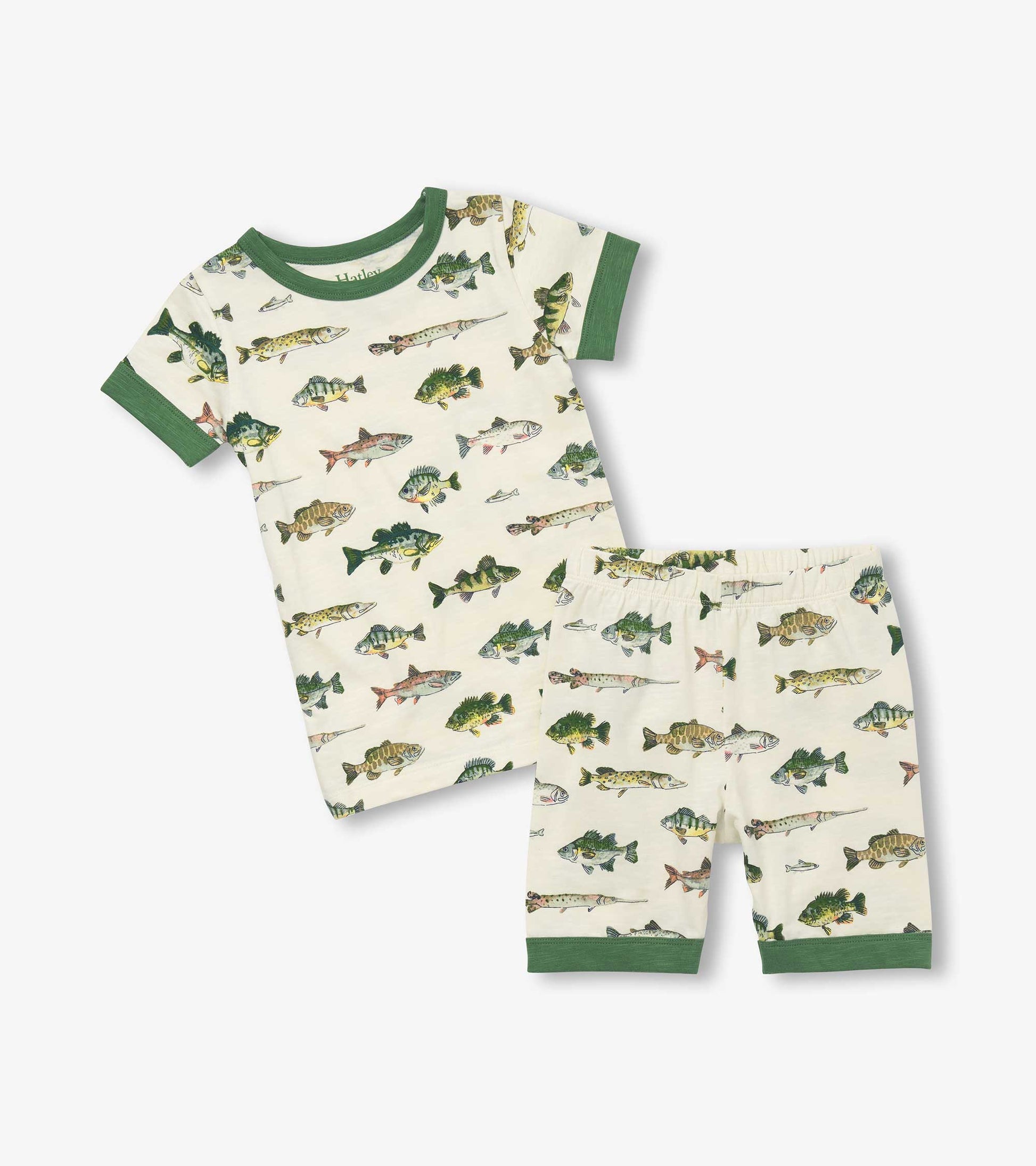 Cream boys pajama set with green trim and allover fish print, short-sleeve top and shorts