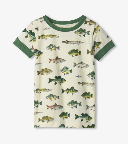 Cream short-sleeve pajama top with green trim and allover fish print
