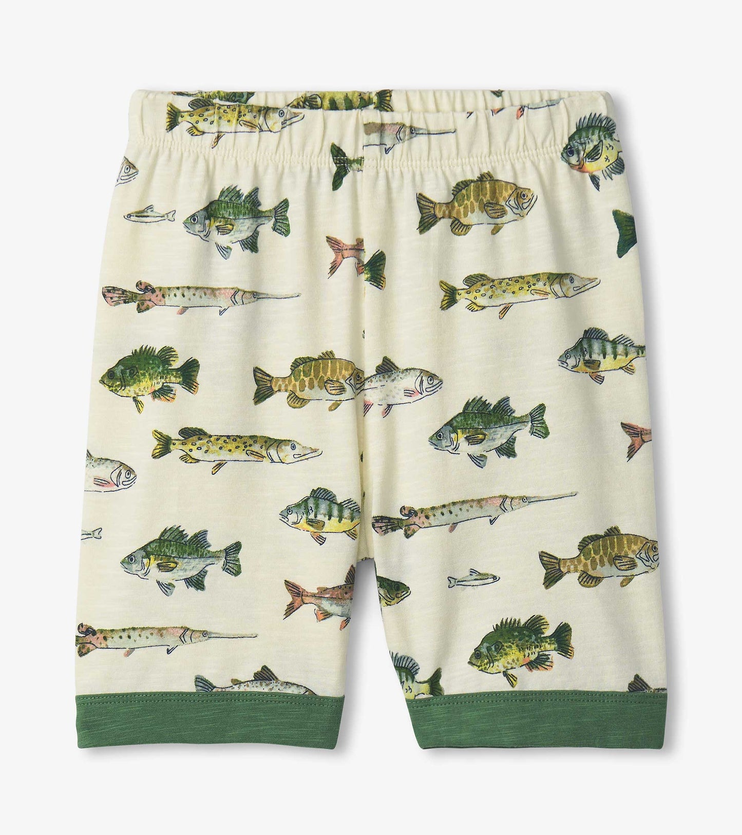 Cream boys pajama shorts with fish print and green cuffs, front view