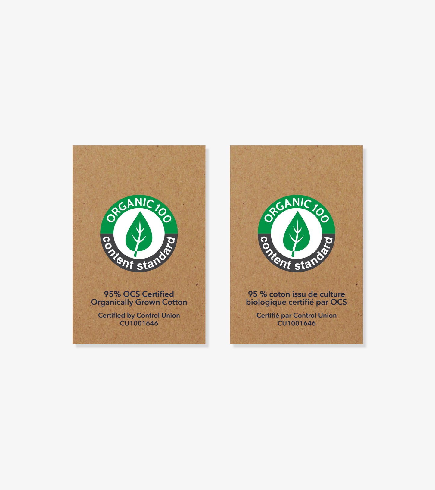 Two brown organic cotton certification labels with green leaf logo and text.