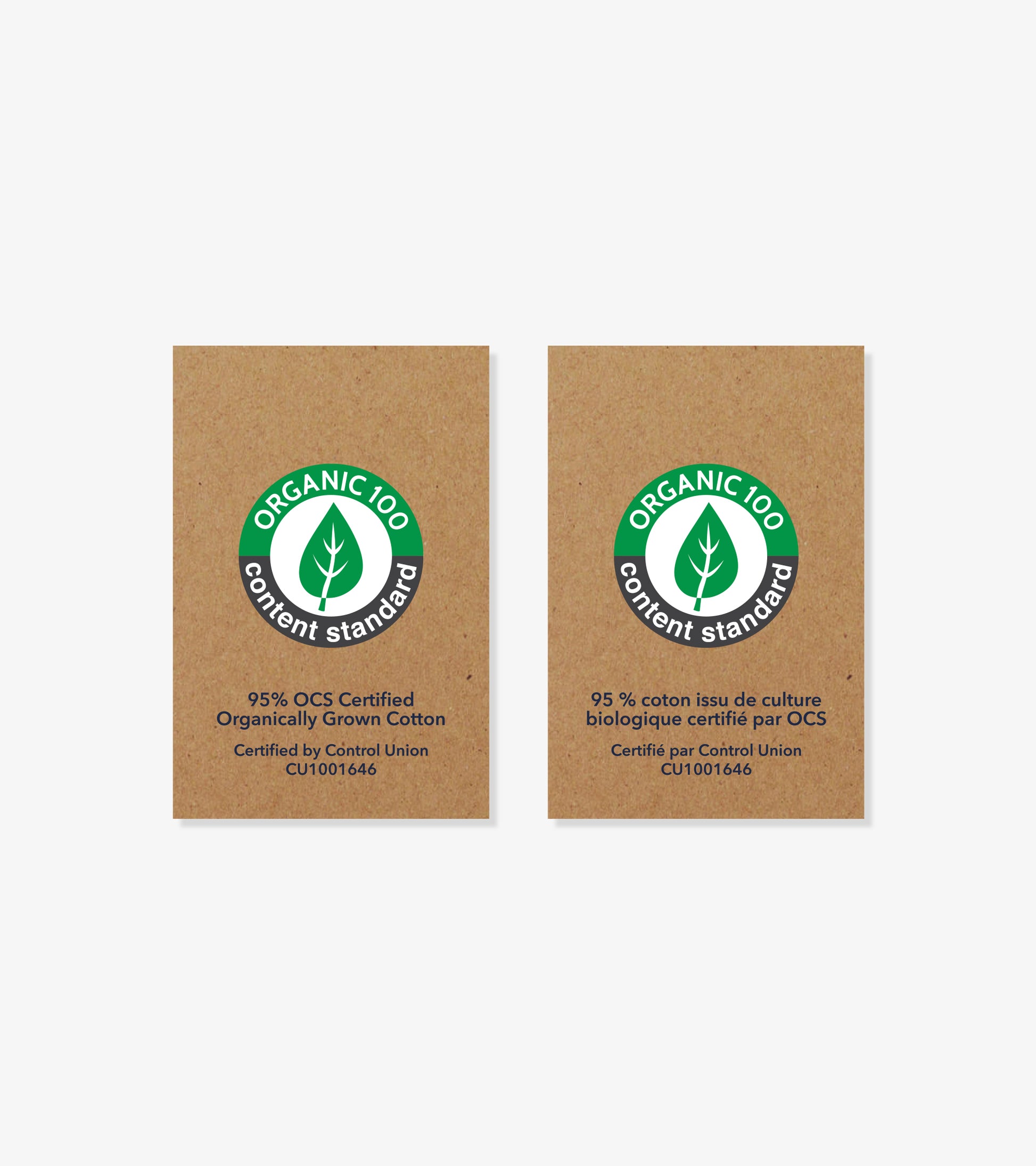 Two brown organic cotton certification labels with green leaf logo and text.