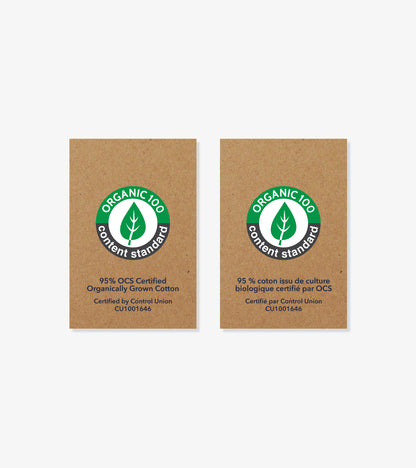 Two brown organic cotton certification labels with green leaf logo and text.