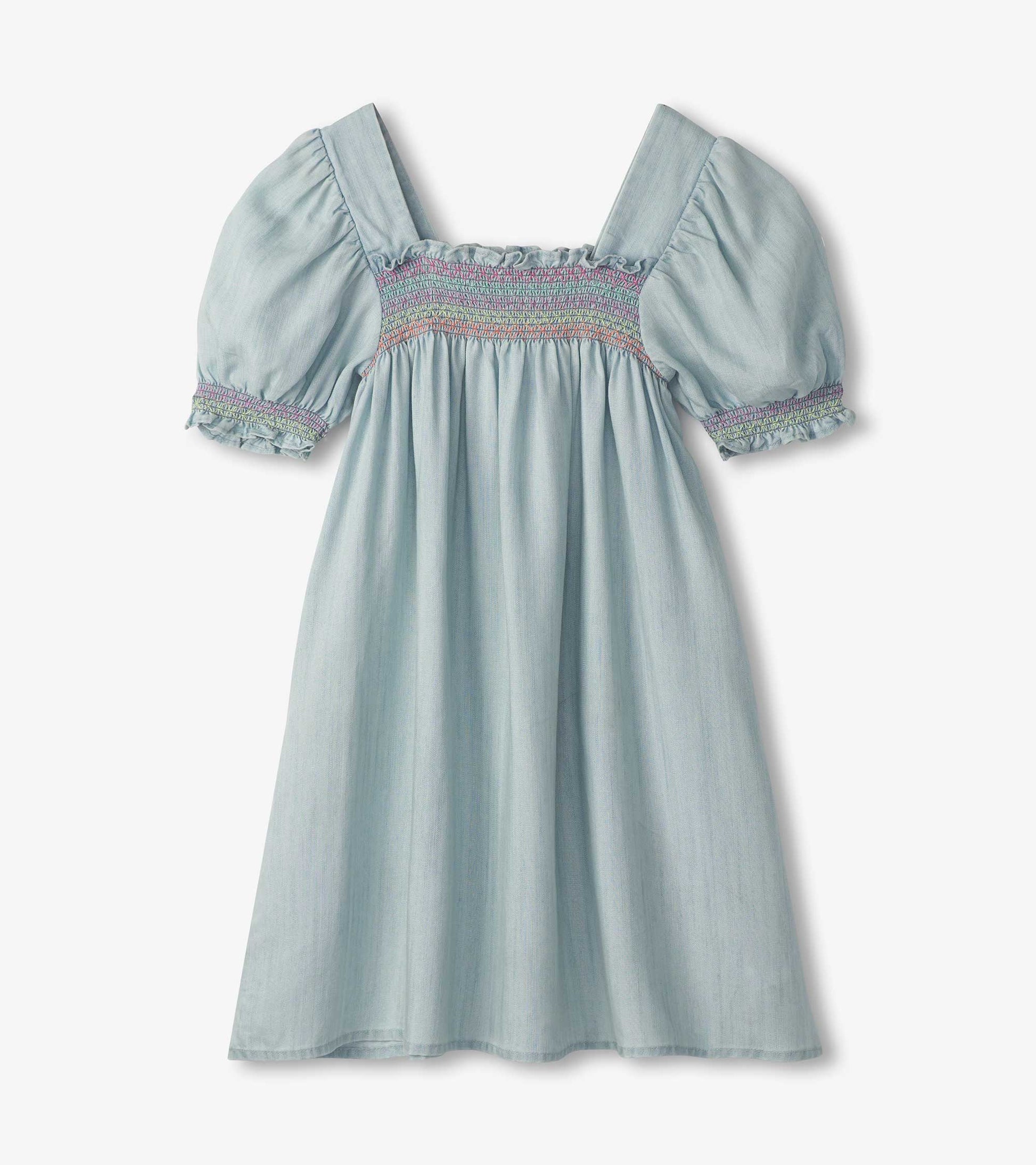 Girls Soft Blue Denim Puff Sleeve Smocked Dress Girls Soft Blue Denim Puff Sleeve Smocked Dress