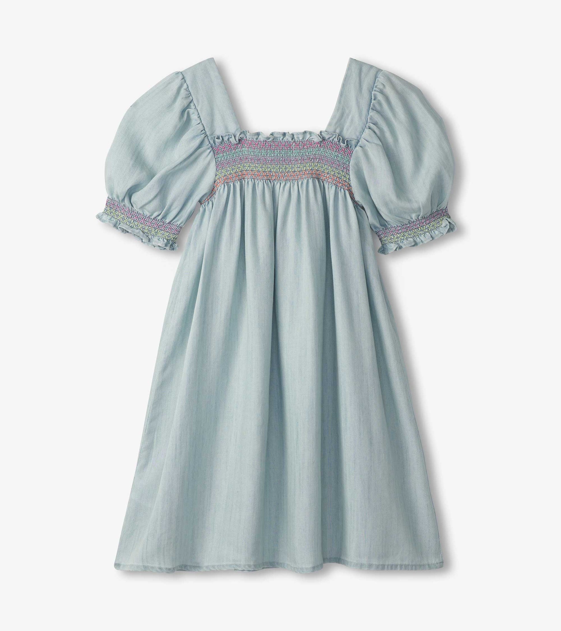 Girls Soft Blue Denim Puff Sleeve Smocked Dress Girls Soft Blue Denim Puff Sleeve Smocked Dress