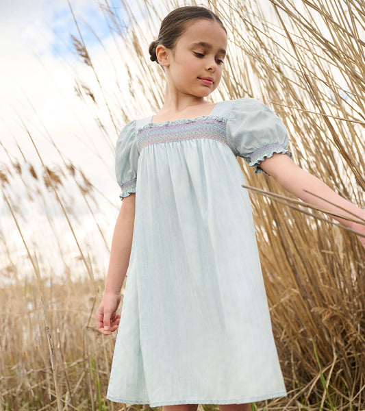 Girls Soft Blue Denim Puff Sleeve Smocked Dress