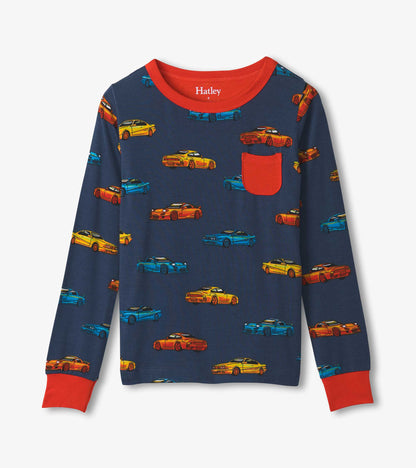 Navy long-sleeve pajama top with colorful sports car print, red trim, and chest pocket