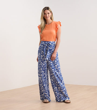 Belted Wide Leg Pants - Wavy Flowers
