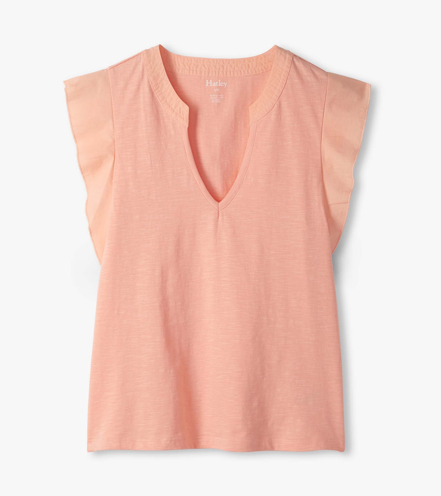 Apricot blush sleeveless tank top with deep V-neck and flutter sleeves, front view