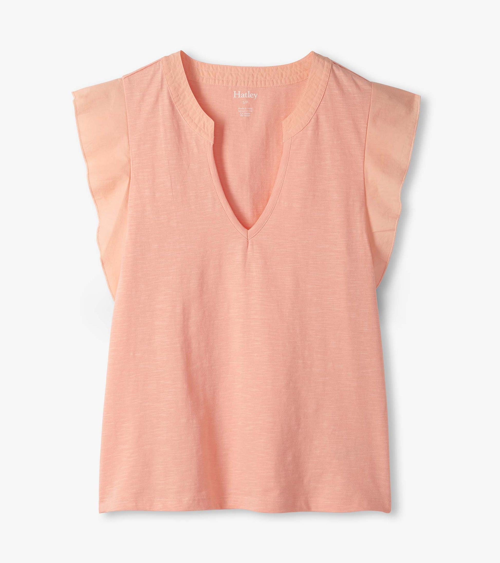 Apricot blush sleeveless tank top with deep V-neck and flutter sleeves, front view