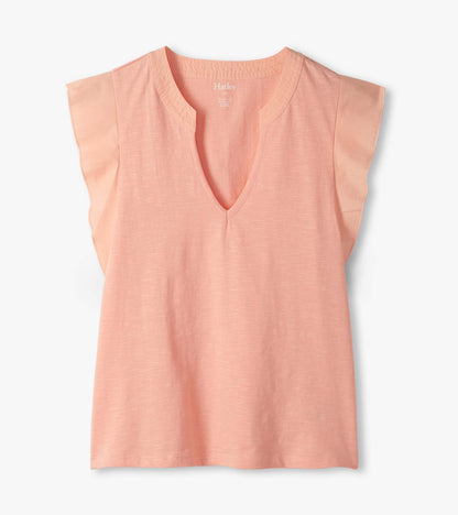 Apricot blush sleeveless tank top with deep V-neck and flutter sleeves, front view
