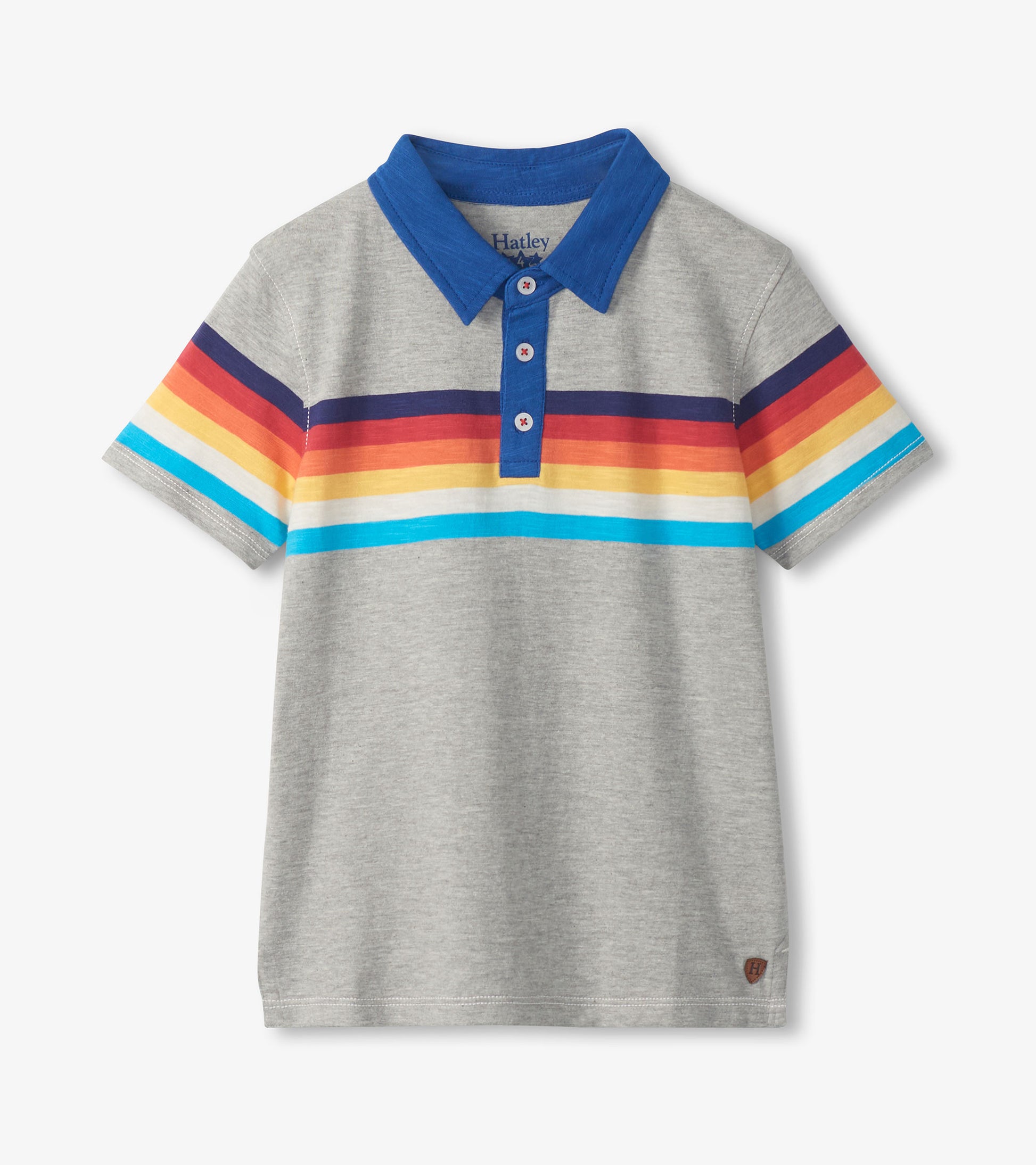 Grey boys polo T-shirt with blue collar and rainbow stripes across the chest and sleeves