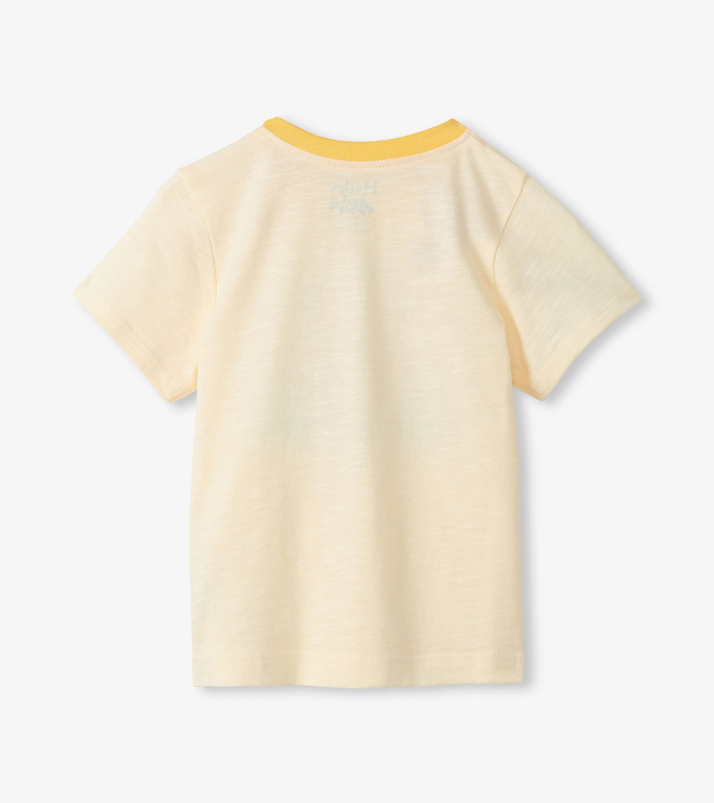 Cream toddler T-shirt with yellow ribbed crew neck, back view, short sleeves, and subtle camping graphic print