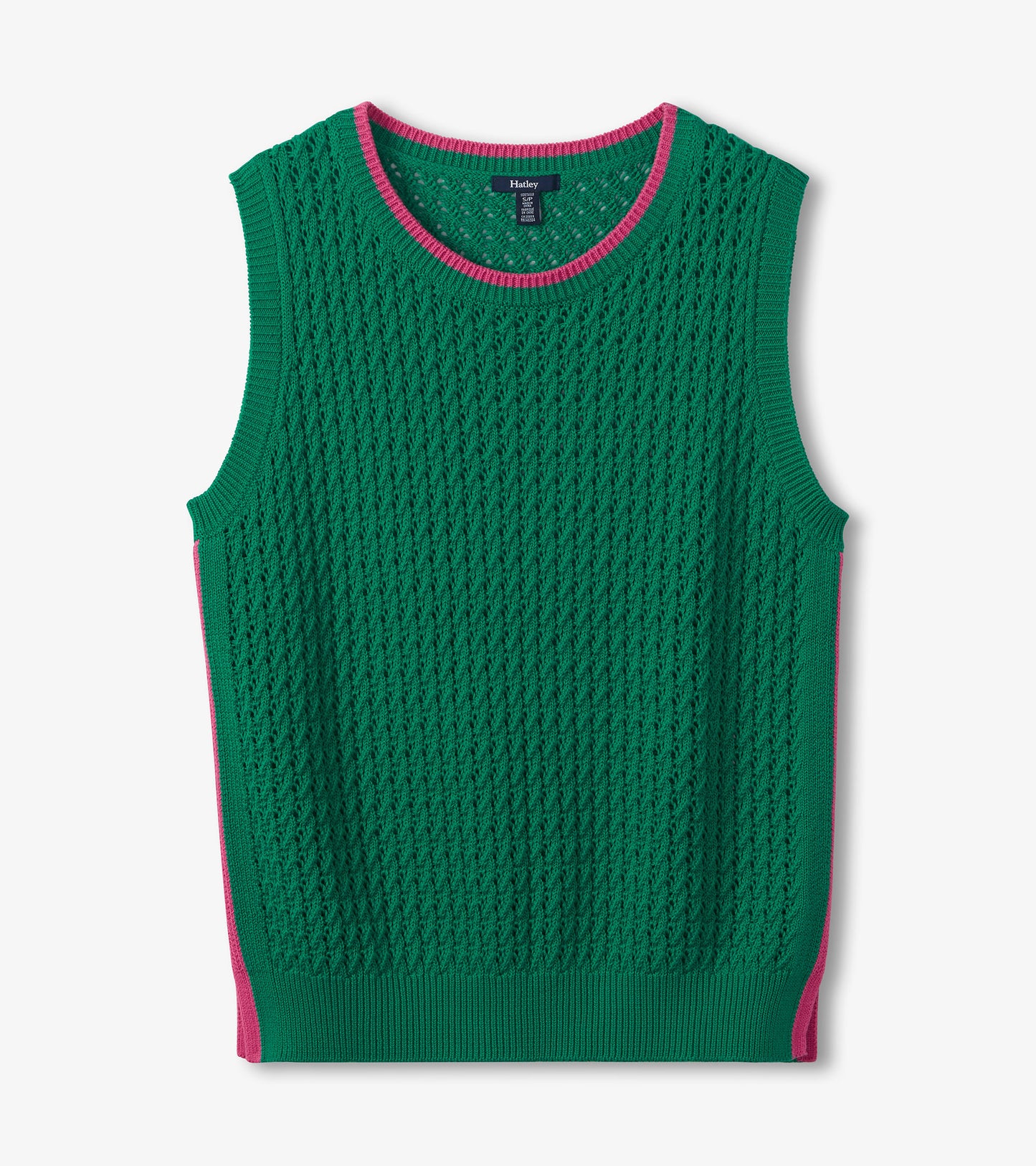 Green knit tank top with openwork texture, pink trim, and ribbed neckline and hem, front view
