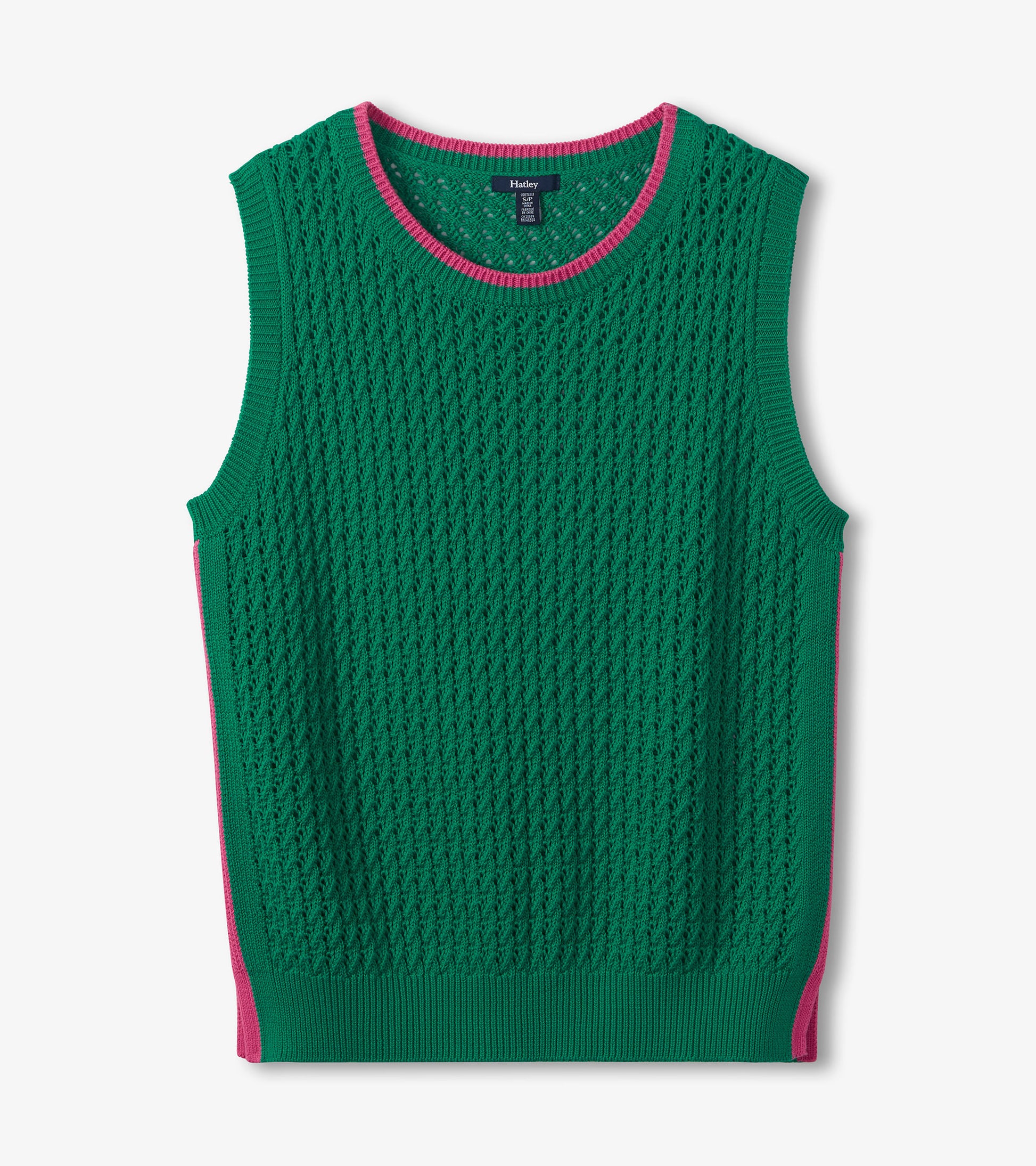 Green knit tank top with openwork texture, pink trim, and ribbed neckline and hem, front view