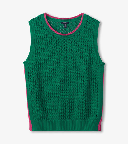 Green knit tank top with openwork texture, pink trim, and ribbed neckline and hem, front view