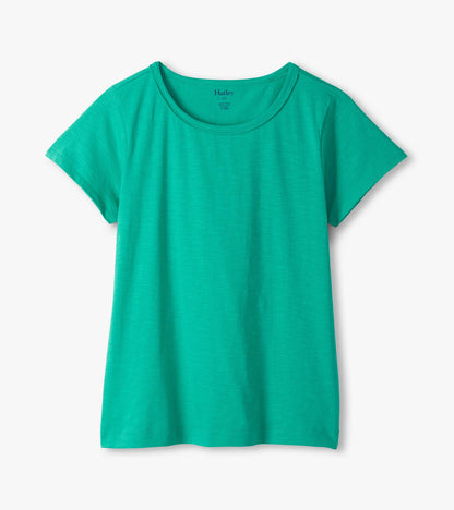 Teal short-sleeve crew neck T-shirt with a relaxed fit and heathered texture, front view