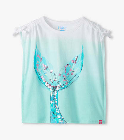 Girls white and aqua short-sleeve top with mermaid tail sequin graphic and shoulder ties, front view