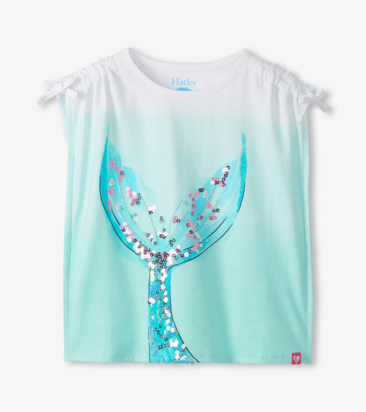 Girls white and aqua short-sleeve top with mermaid tail sequin graphic and shoulder ties, front view