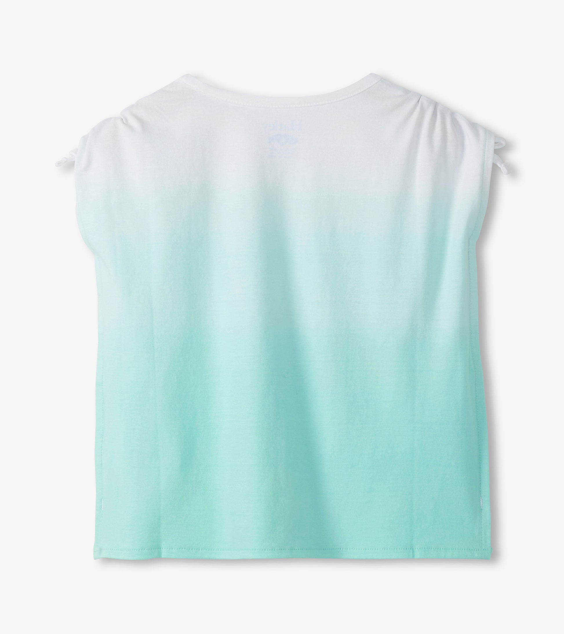 Girls sleeveless ombre top with white-to-mint gradient and cinched shoulders, back view